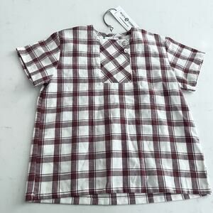 Violeta E Federico boys brown white plaid linen blend s/s shirt size 3 NWT